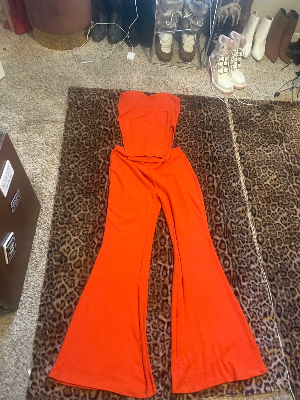Fashion Nova Bold Orange Strapless Flared Jumpsuit